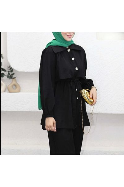 DEFNECE BUTİK Waist Tie Double Suit - Black