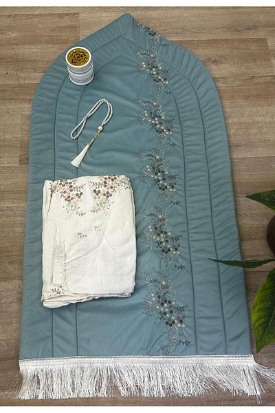 smart home Prayer set consisting of an embroidered padded sponge rug, a prayer sheet, excellent soft, cool material for comfort, an incense burner, and a prayer beads.