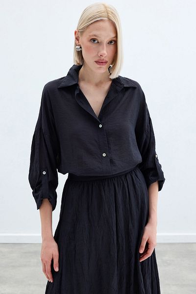Sateen Casual Shirt with Sleeve Detail - Anthracite