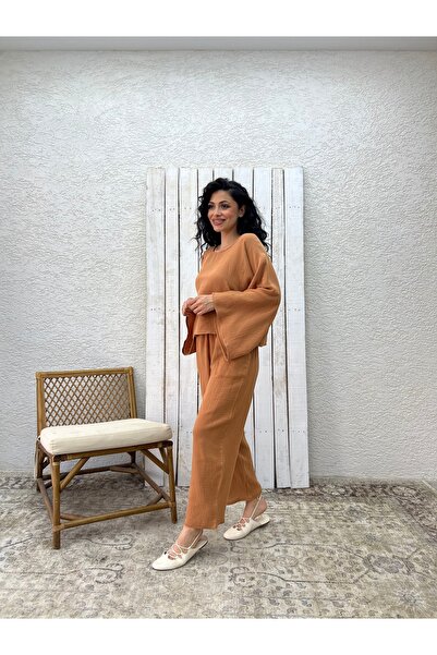 KÜÇÜĞÜM BUTİK Camel Muslin Trousers Blouse Double Set (Pants-Bluez)