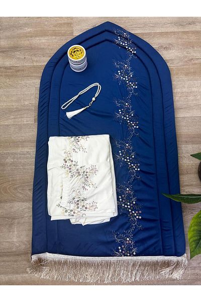 smart home Prayer set consisting of an embroidered padded sponge rug, a prayer sheet, excellent soft, cool material for comfort, an incense burner, and a prayer beads.