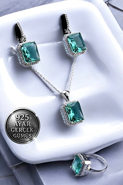 Mimodish 925 Ayar Gerçek Gümüş Ice Mint Royal Özel Taşlı Kolye Küpe Yüzük Set...