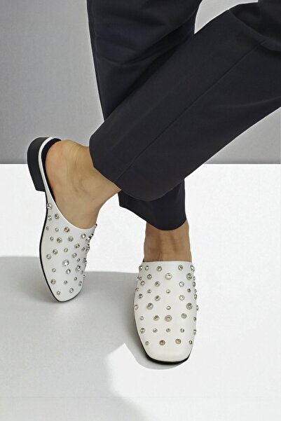 ERS Air Comfort Women's Stone Detailed White Genuine Leather Sabo Slippers - Comfortable and Stylish Design