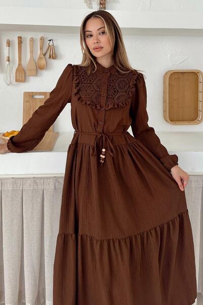 Olcay Podšívkované šaty s volánky a krajkovými detaily na přední straně HNĚDÉ 9322-E