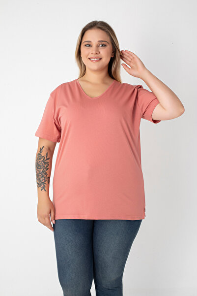 Orly More Slit Cotton Women's V-Neck Plus Size T-Shirt