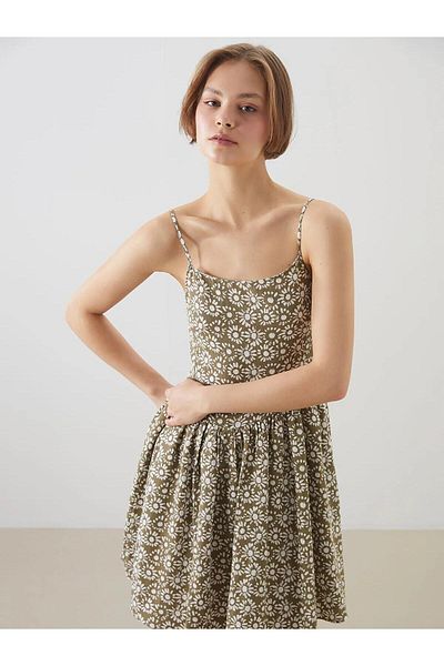 LC Waikiki Xside U-Neck Floral Suspender Linen Look Mini Dress (S5)