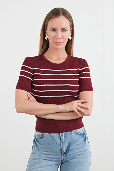 Fulla Moda Striped Ribbed Crew Neck Knitwear Blouse
