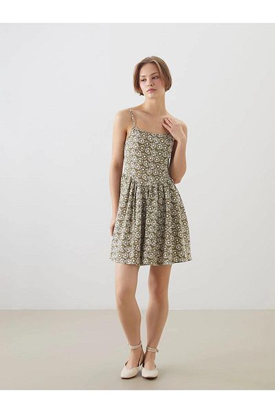 LC Waikiki Xside U-Neck Floral Suspender Linen Look Mini Dress (S5)