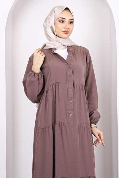 İmajButik Φόρεμα Koyuv Mink με μισό κουμπί και φούστα Modal