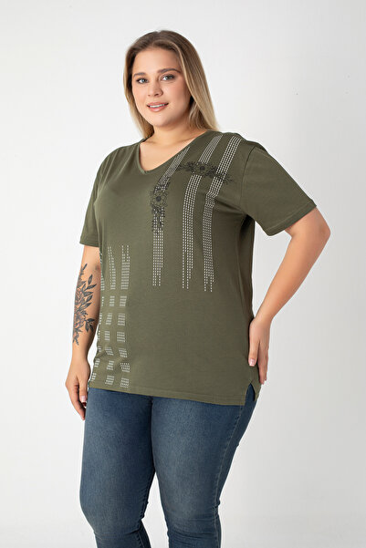 Orly More Printed Slit Cotton Women's V-Neck Plus Size T-Shirt