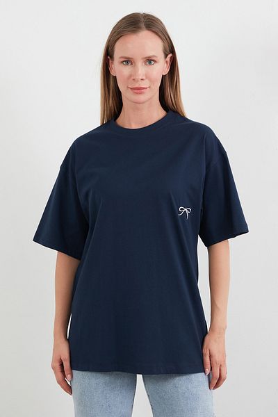 Fulla Moda Μπλουζάκι Oversize με Κεντημένη Κορδέλα