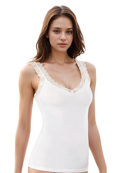 Loule Women's Lace Detailed Modal & Cotton Strap White Tank Top Ll.K66.O06.001