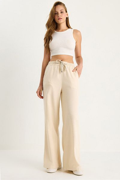 Bianco Lucci Women's Elastic Waist Pocket Detailed Linen Palazzo Trousers Yp5219 60283436