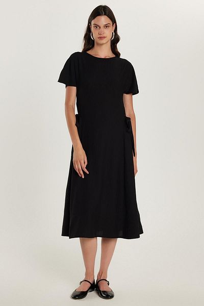 Tudors Women's Standard Fit Side Bow Tie Detail Short Sleeve Crew Neck Black Midi Length Dress
