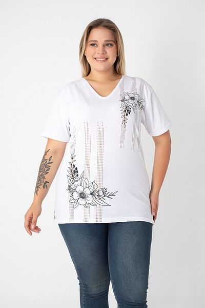 Orly More Printed Slit Cotton Women's V-Neck Plus Size T-Shirt