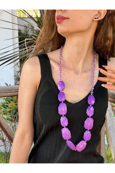 Gönülden Tasarım Mor Boncuklu Uzun Kadın Kolye 40 Cm