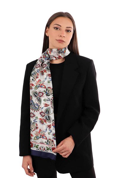 Bursa İpek Navy Blue Shawl Pattern Voile Silk Scarf