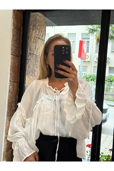 AlyaTeks Bağcık Detaylı Rahat Kalıp Romantik Gömlek Beyaz