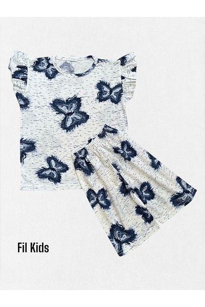 Fil Kids Girls' Cotton Summer Thin Fabric White Butterfly Pattern Short Sleeve Shorts Summer Pajamas Set