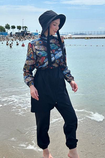 Tesettür Diyarı Zippered Gathered Waist Parachute Fabric Hijab Swimsuit