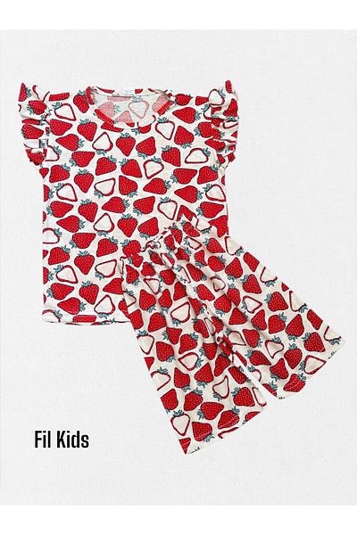 Fil Kids Girls' Cotton Summer Thin Fabric White Strawberry Pattern Short Sleeve Shorts Summer Pajamas Set