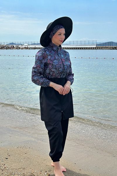 Tesettür Diyarı Zippered Gathered Waist Parachute Fabric Hijab Swimsuit