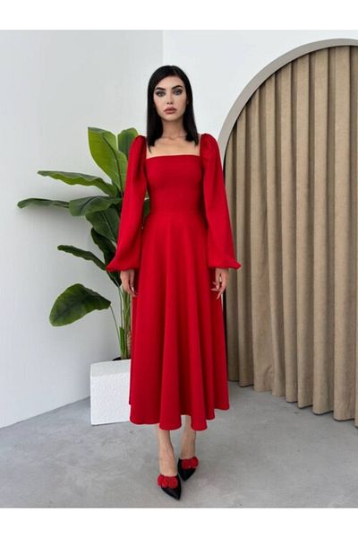 RiqqaStyle Classic Midi Dress with Long Sleeves - Red