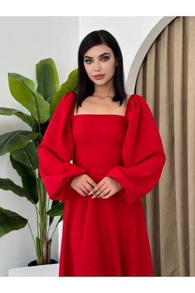 RiqqaStyle Classic Midi Dress with Long Sleeves - Red