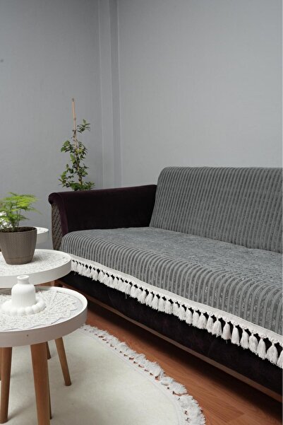 DECORA CASA HOME COLLECTİON Saçaklı Çizgili Süngerli Kadife Kaymaz Çekyat Koltuk Örtüsü