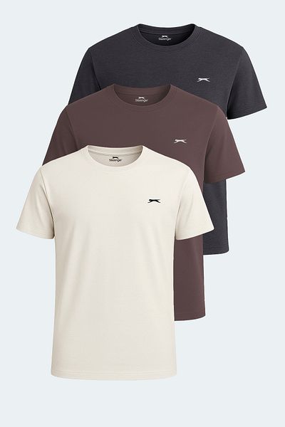 Slazenger KRATER Σετ 3 Ανδρικά T-Shirt Εκρού - Σκούρο Γκρι - Καφέ