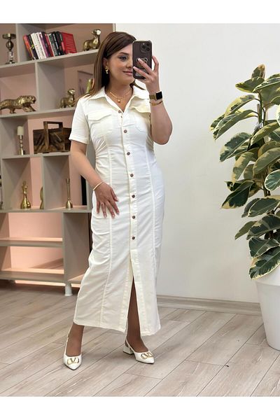 MELTEM TUĞAN Side Gathered Long Denim Dress Ecru