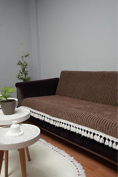 DECORA CASA HOME COLLECTİON Калъф за диван с ресни и райета, неплъзгащ се, от гъбено кадифе