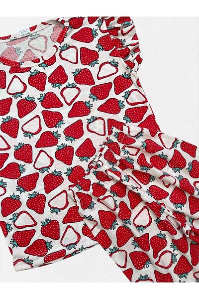 Fil Kids Girls' Cotton Summer Thin Fabric White Strawberry Pattern Short Sleeve Shorts Summer Pajamas Set