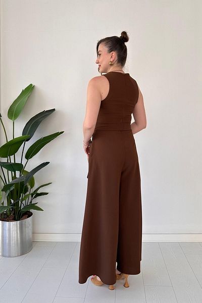 MaziButik Belted Wide Leg Jumpsuit Brown