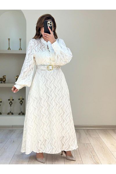MELTEM TUĞAN Premium Series Lined Belt Detailed Long Dress Ecru