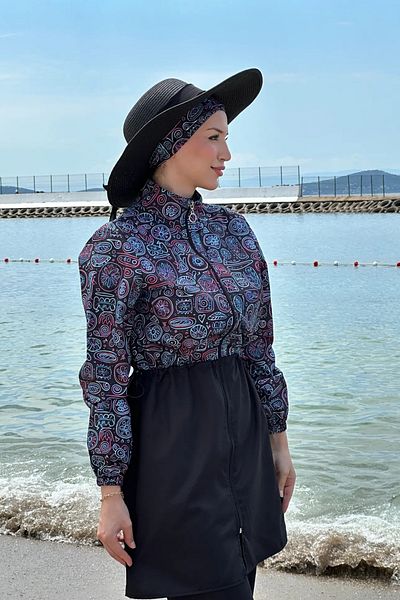 Tesettür Diyarı Zippered Gathered Waist Parachute Fabric Hijab Swimsuit