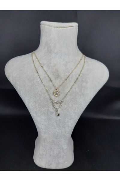 MRYart قلادة نسائية ذات طبقة مزدوجة على شكل قلب ومفتاح وحجر ذهبي اللون