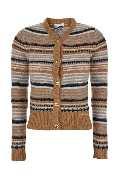 GANNI Multicolor Striped Cardigan With Logo Embroidery In Wool Woman