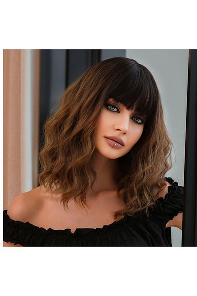animis beauty Medium Ombre Satin wig, natural-looking synthetic fiber, wavy hair, with bangs, 36 cm