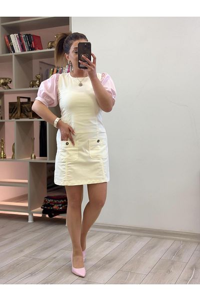 MELTEM TUĞAN Balloon Sleeve Lycra Denim Dress Ecru
