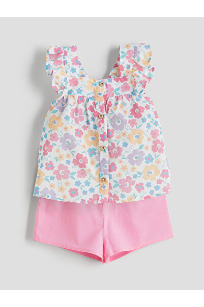 LC Waikiki Μπεζ τετράγωνο γιακά με λουλούδια, μπλούζα και σορτς για κοριτσάκι...