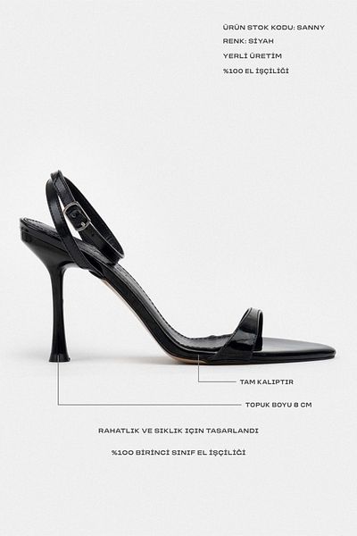NİŞANTAŞI SHOES Pantofi de damă cu toc subțire Sanny din piele lacuită neagră cu detaliu curea la gleznă