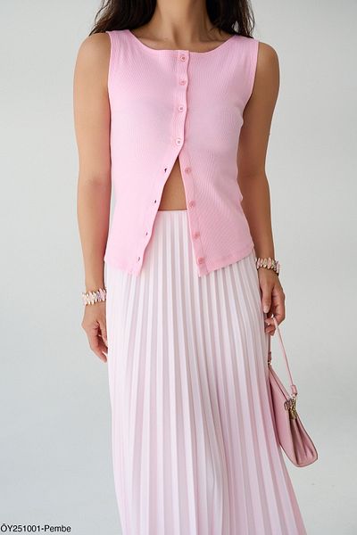 Qu Style Women's Pink Crew Neck Buttoned Blouse