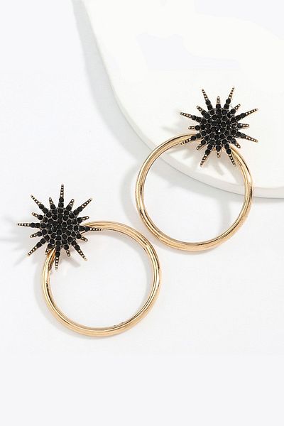 Glaren Black Stone Hoop Women's Earrings