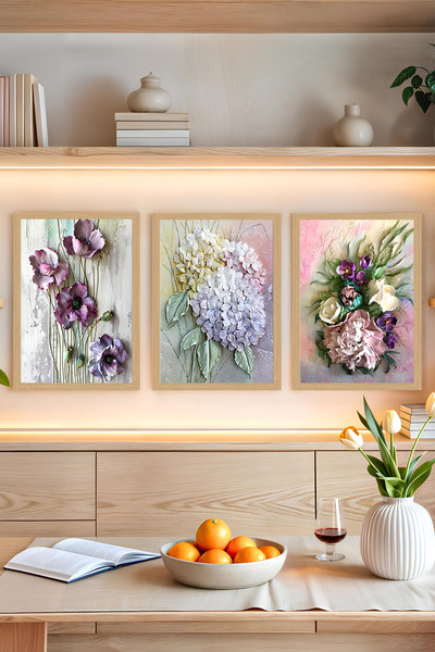 kutuTR 🌸 Pastel Çiçekler – 3’lü MDF UV Baskılı Zarif Tablo Seti (3 Ebat Seçe...