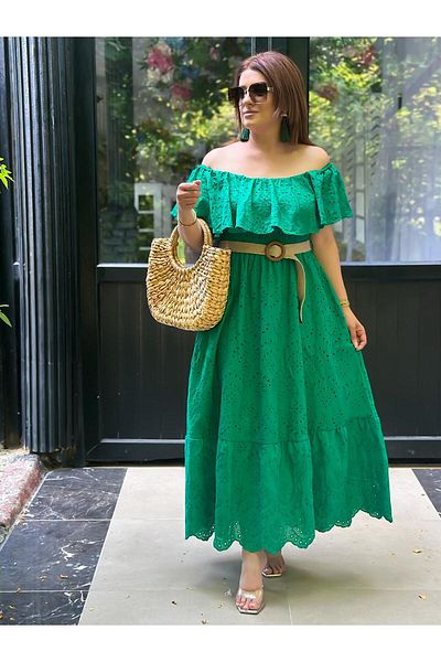 MELTEM TUĞAN Lace Brode Dress with Elastic Shoulder Green