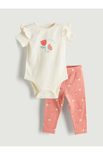 LC Waikiki Ekru Organik Kumaş Çiçekli Kız Bebek Çıtçıtlı Body ve Tayt 2'li