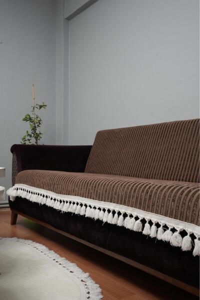 DECORA CASA HOME COLLECTİON غطاء أريكة مخملي مانع للانزلاق، مخطط ومزين بشرّابات
