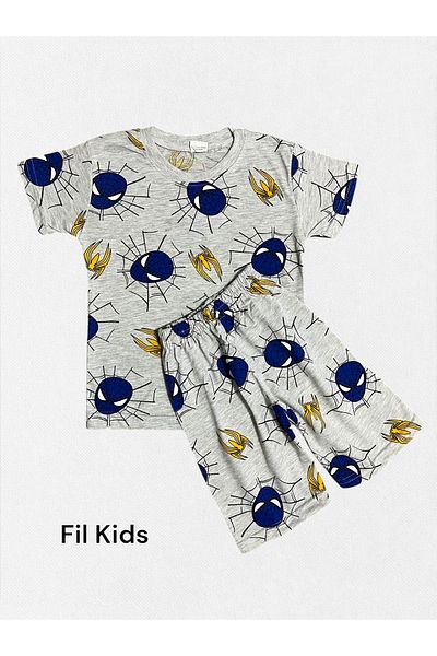Fil Kids Boys' Cotton Summer Thin Fabric Gray Spider Pattern Short-Sleeved Shorts Summer Pajamas Set