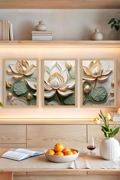 kutuTR 🌸 Altın Lotus – 3’lü MDF UV Baskılı Zen Tarzı Tablo Seti (3 Ebat Seçeneği) CRVS1029